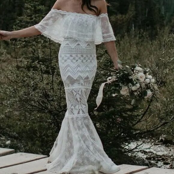 Dresses & Skirts - Off-Shoulder White Lace Train Maxi Mermaid Bridal Gown Dress Boho Wedding